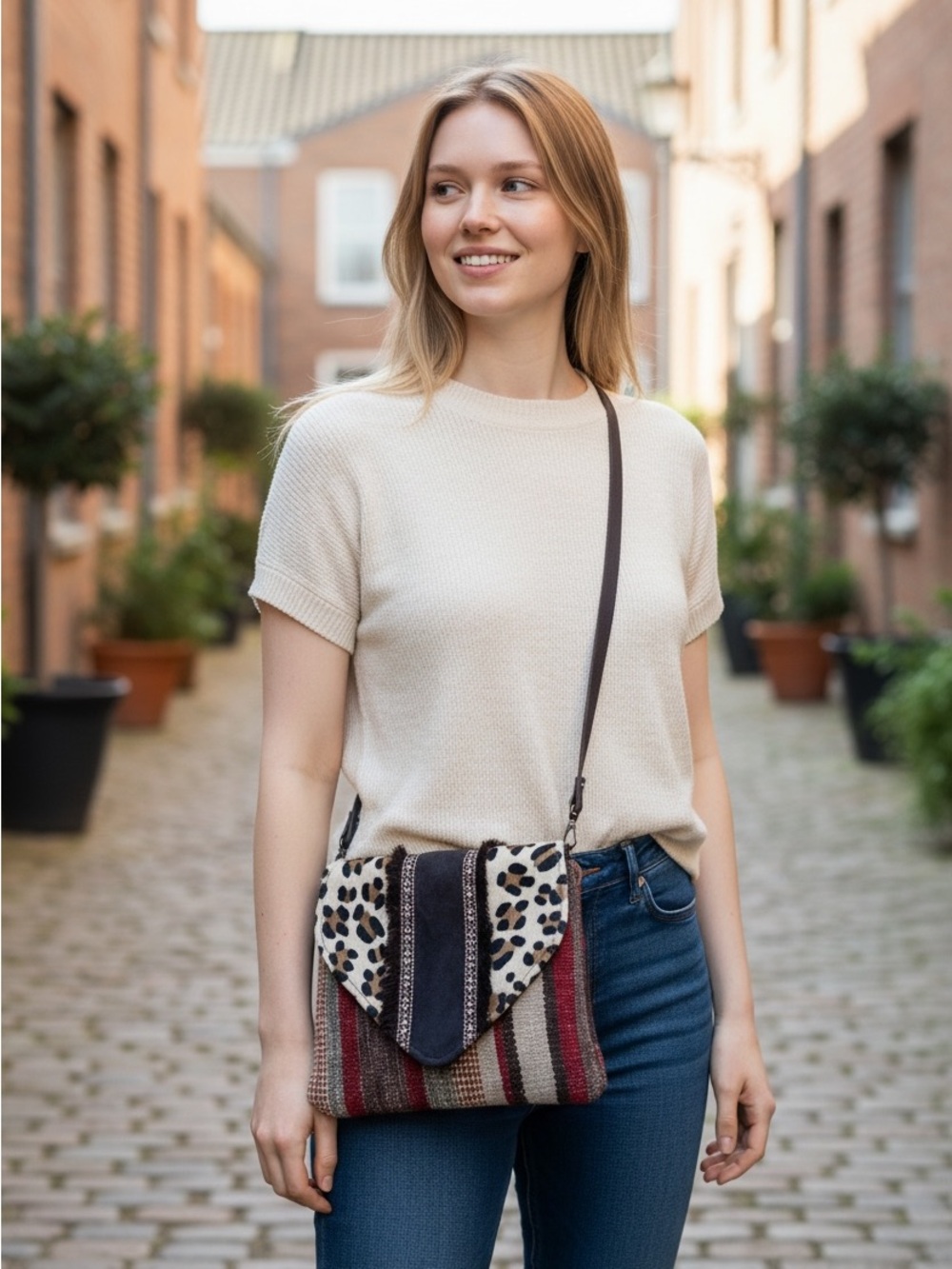 Leopard Flap Woven Crossbody Bag in Black, Red & Cream